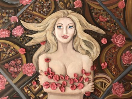 7. «Coffee and rose petals», a work that combines sculpture and painting with coffee. 94x107 cm «Café y pétalos de rosa”, una obra que combina escultura y pintura con café. 94x107cm