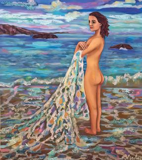 54. “Born in the foam of the sea» A romantic and slightly surreal vision about young woman coming out from the sea and covered with sea foam. 60x80 cm oil on the wooden panel, crystals, gold leaf, beads, epoxy