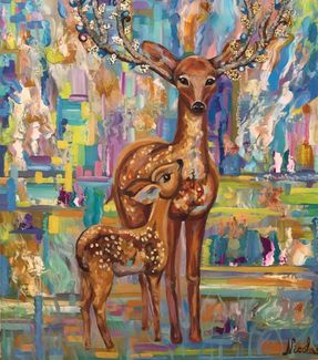 55. «Wildlife roe deers” 60x80 cm Inspired in wild nature and animal protection, combines geometric and abstract elements.  oil on the wooden panel, crystals, gold leaf, beads, epoxy