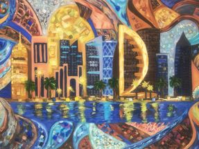 62. “Good evening, Doha” life of the city at night, when sunlight is replaced by the lights of advertising windows, signboards, lanterns, garlands, car headlights and windows of multi-storey buildings. The life of a big city attracts, enchants, hypnotizes. Size 60x90 cm Mixed media
