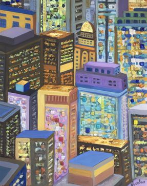 64. “Good morning, Manhattan”. Looking down on skyscrapers and the busy streets of New York City. The life of a big city attracts, enchants, hypnotizes. Aerial view on roofs of Manhattan skyscrapers in New York, where rising sun reflects en windows and roofs and shines with golden and blue colors.  Original artwork, Size 50x70 cm, framed  Mixed media oil on the wooden panel, golden metallic paint, mosaic, epoxy
