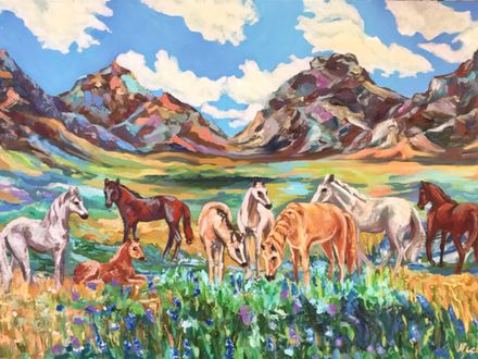 75. “Landscape with horses. Spain.” Horses are amazing animals. Everything is delightful in them - beauty, charm, nobility, devotion, grace, strength. It was a “plein air” artwork, meaning that I did not create a painting in the studio, but in nature,  in its natural light. Size 60x90 cm, oil on wooden panel.